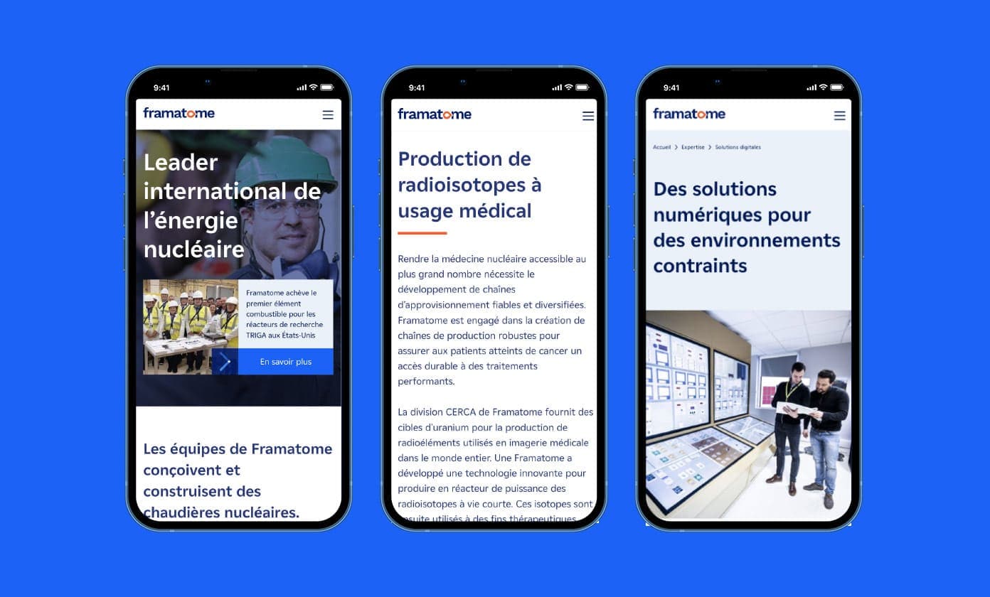 Ecrans mobile du site Framatome