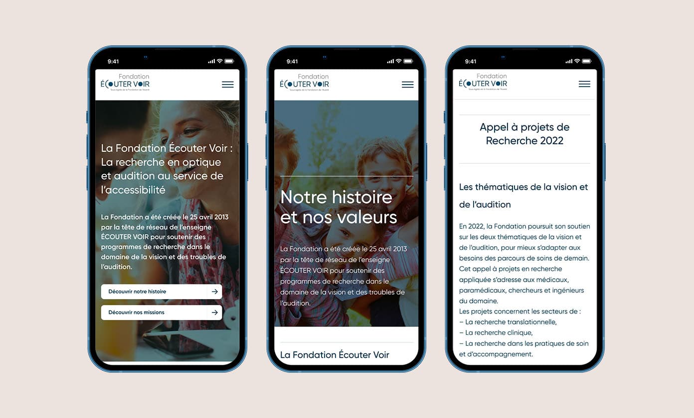 Trois écrans mobile du site web WordPress Fondation Ecouter Voir